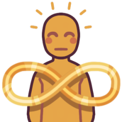 a person with a flat, neutral expression but with happy “rays” around them, and a gold infinity sign in front of them.